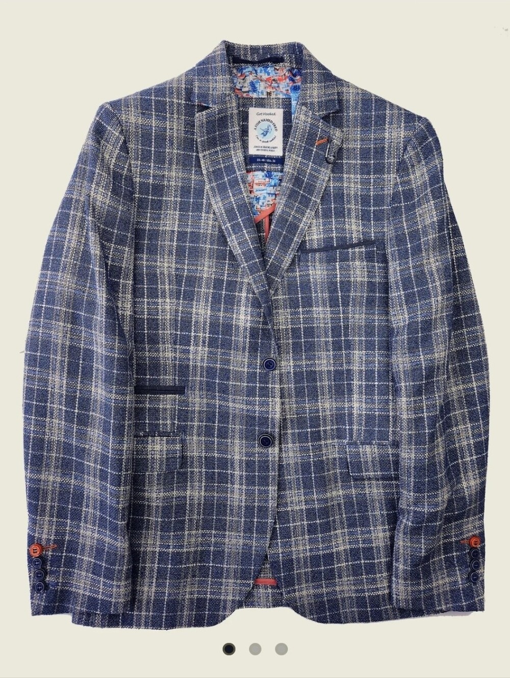 A Fish Named Fred Blue Check Linen Structure Jacket, Size 40R